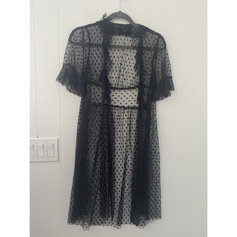 Anna Sui Black Swiss Dot Mesh Sheer‎ Kimono Duster Cardigan Ruffle Size 2 VTG